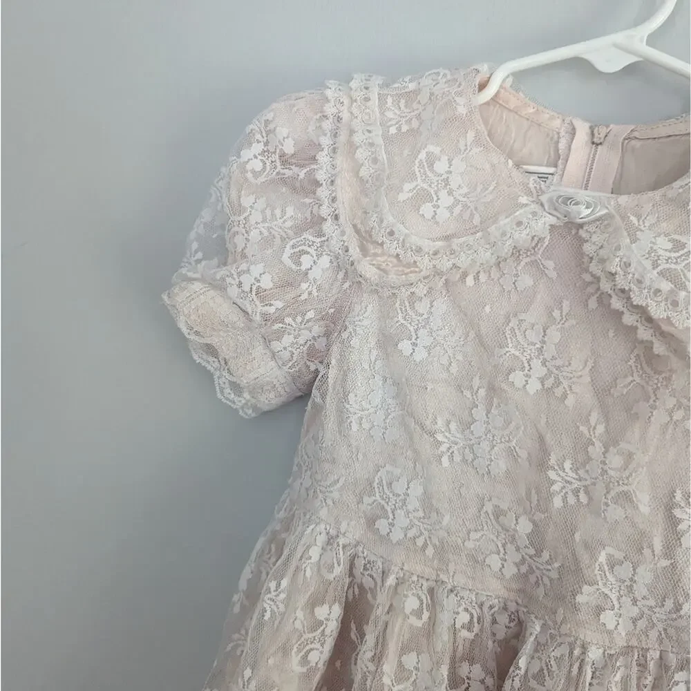 Vintage Girls Gunne Sax Blush Pink Lace Dress 1970 1980 USA Made Size Small